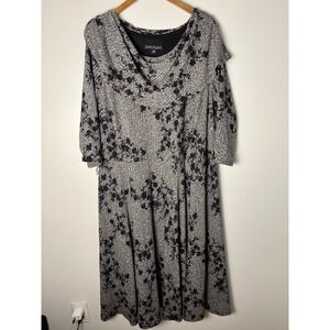 Danillo Boutique Dress Wm 3X Grey Black Floral Cowl Neck Ribbed Knit A-Line Fall